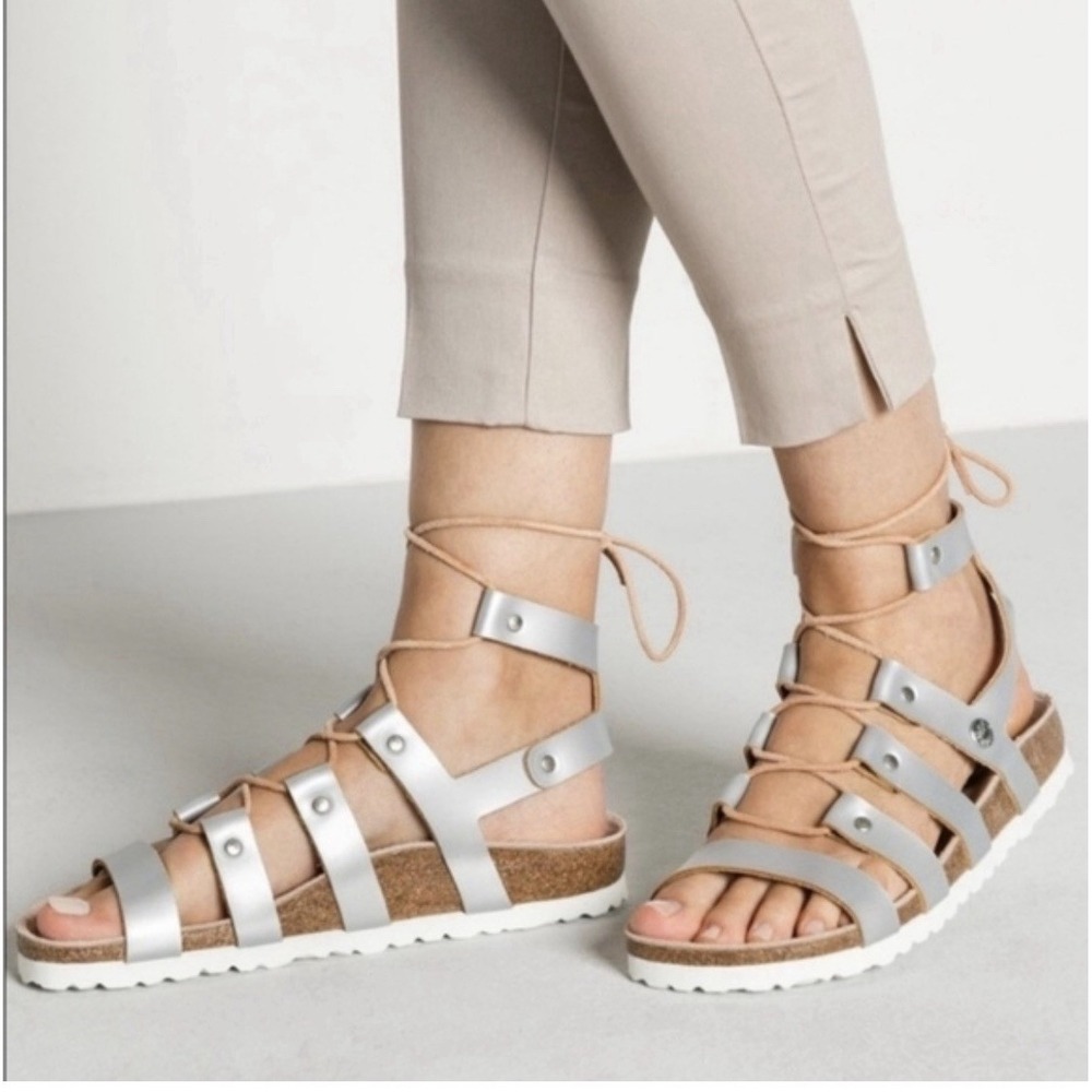 New Birkenstock Papillio Cleo Metallic Silver Gladiator Sandals 38 US 7-7.5N